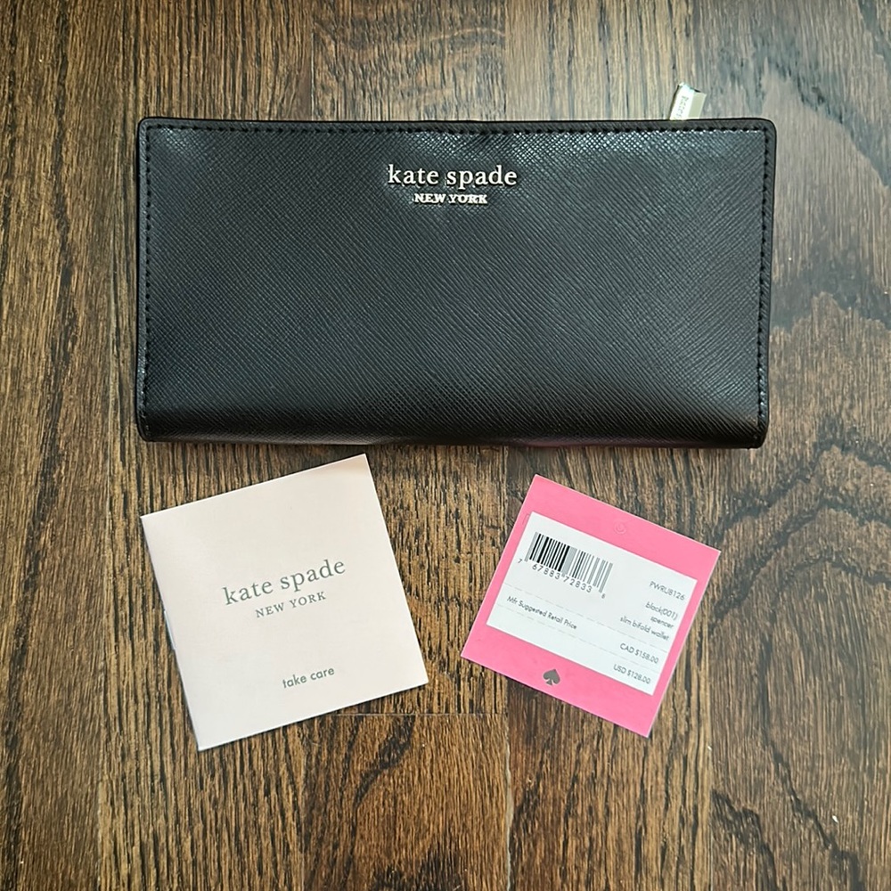 NWT Kate Spade Spencer Slim Bifold Wallet Black with Pink Interior